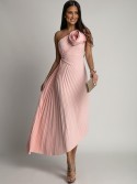 Elegant pleated dress with a flower, powder pink AZRHP6987